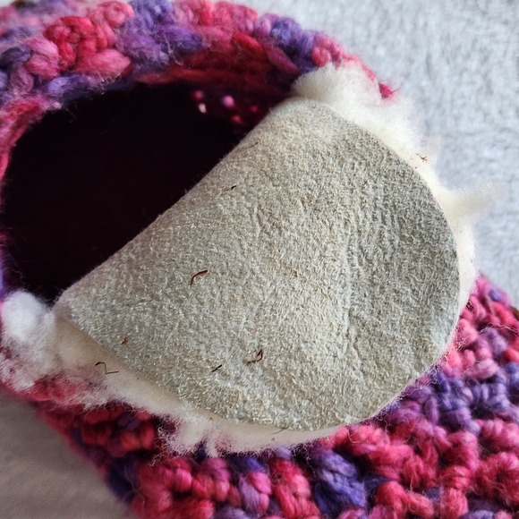 Wool Crochet Slippers Leather Sole Womens Medium Sherpa Wool Lined Cosy Winter - Picture 10 of 13